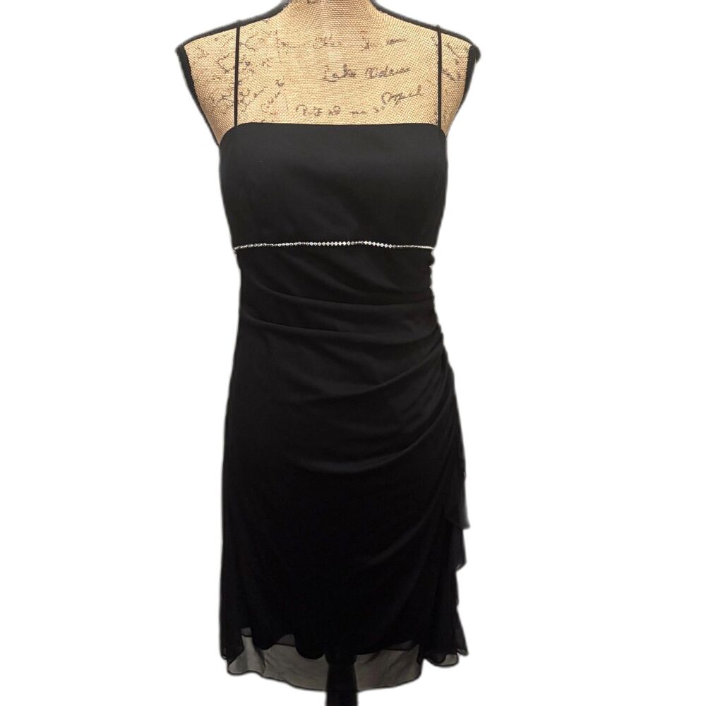 Betsy & Adam Vintage Y2K Black Ruched Rhinestone Midi Homecoming Dress Modern 6